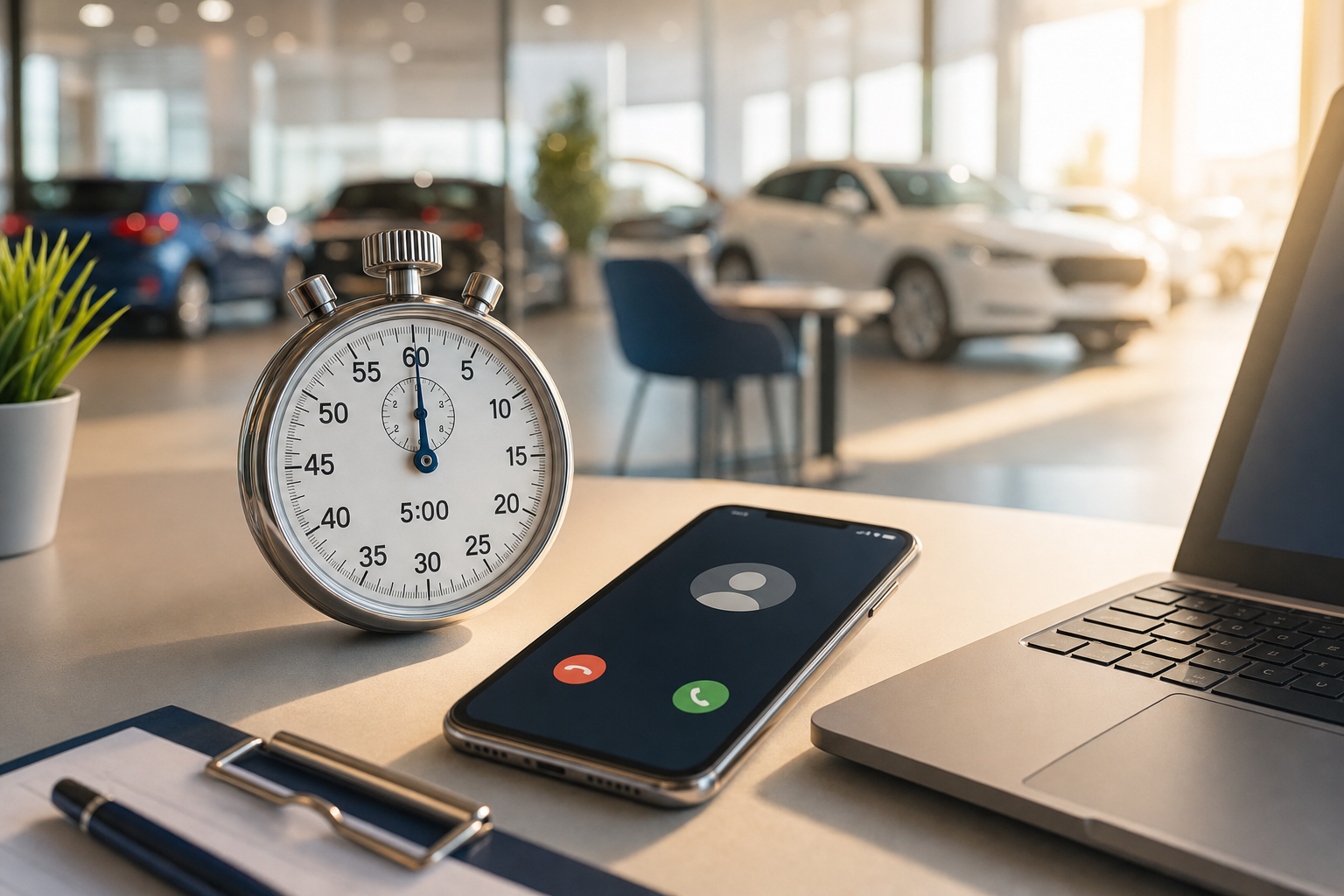Chronomètre affichant 5 minutes avec téléphone recevant un appel entrant sur un bureau de concession automobile